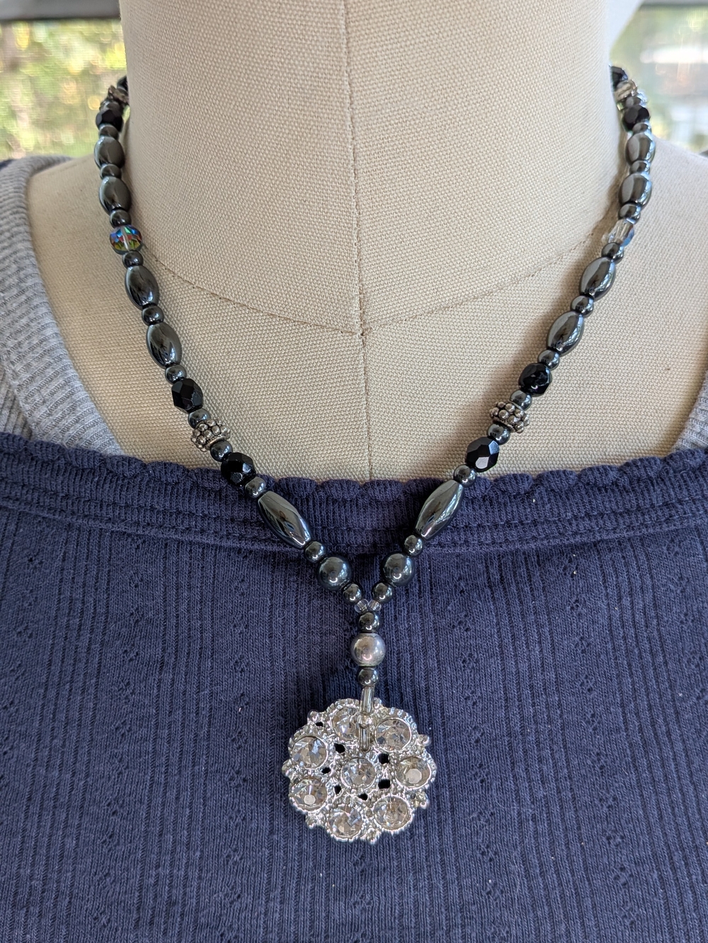 Hematite Beaded Rhinestone Medallion Pendant Necklace AB Crystals Magnetic Clasp